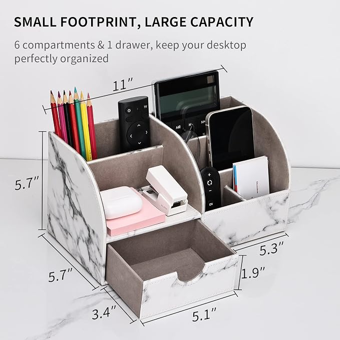 Pu Leather Desk Organizer Pen Pencil Holder Office Supplies Caddy Storage Box 6 Compartments with Drawer Gray Marble