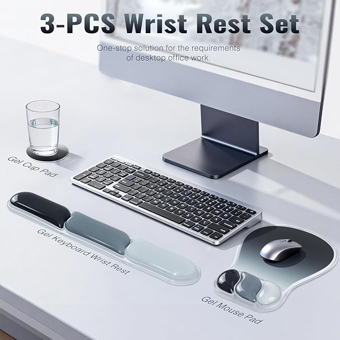 Ospelelf Mouse Pad with Wrist Rest Set Gel Ergonomic Keyboard Wrist Support Anti-Slip Rubber Bottom Office Women Desk Accessories for Computer, Laptop and Gaming, Black and Grey