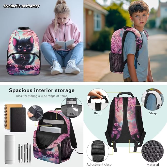 Girls 17 Inch Black Cat Backpack Set 4PCS, Cherry Blossoms Cute Cartoon Bookbag with Lunch Bag, Pencil Case & Bottle Sleeve for Elementary Kids Ages 6-8 Back to School