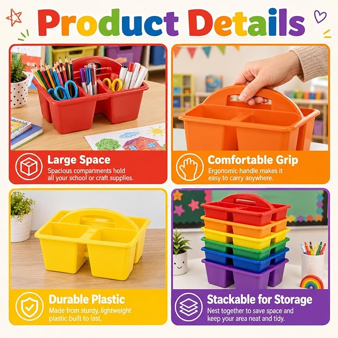 12 Pack Classroom Caddy with Handle Plastic Storage Caddy Organizer with 3 Compartments Desk Caddies Holder Portable Storage Bin for Pencil, Crayon, Marker, Home, Office, School Supply(Rainbow)