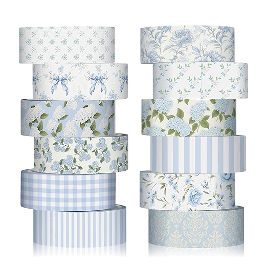 12 Rolls Watercolor Floral Washi Tape Set 15 mm Vintage Flower Decorative Masking Tape for Summer School Arts DIY Craft Scrapbook Journal Supplies Gifts(Dusty Blue,Rose and Hydrangea)