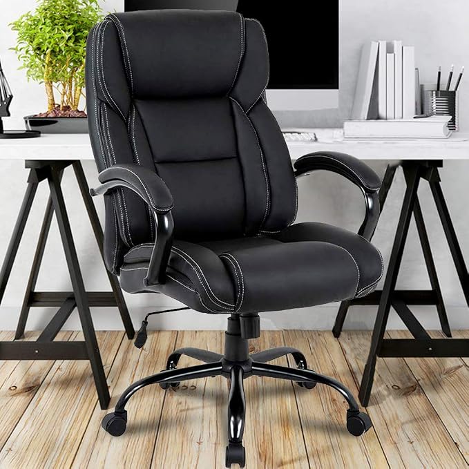 Big & Tall Executive Office Chair Heavy Duty 500LBS Computer Desk Chair Ergonomic High Back Task Rolling Swivel Chair with Lumbar Support Armrest PU Leather Oversizd Wide Seat Office Chair, Black