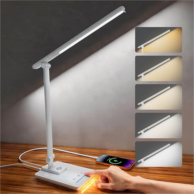 ELECTRI LED Desk Lamp, Touch Desk Light with USB Port, 5 Color & Stepless Dimming, 360° Rotatable ＆ Foldable, Reading Lamp for Table Study Work Office Nail Craft Puzzle(with Adapter) (White)