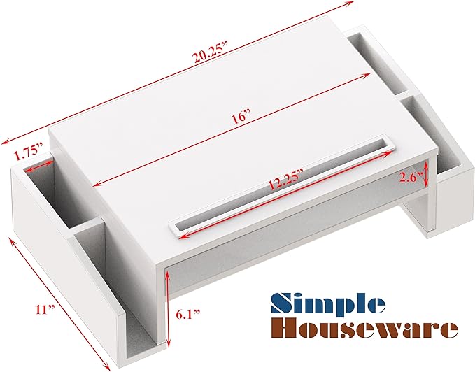 Simple Houseware Desk Monitor Stand Riser w/ Adjustable Tray, White | Built-In Tablet Slot and Side Storage