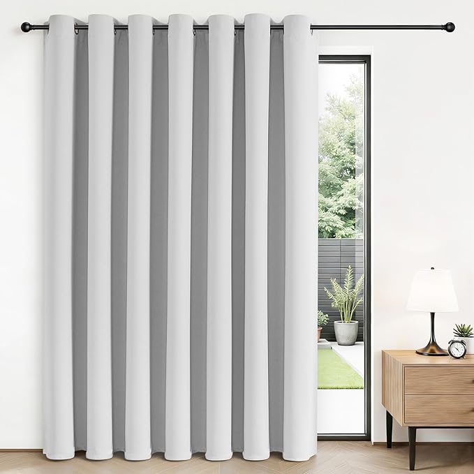 Joydeco Blackout Patio Sliding Door Curtains 108 Inches Long, Grommet Privacy Room Divider Curtains, Extra Wide Thermal Blackout Drapes for Bedroom Living Room (Greyish White, 70Wx108L, 1 Panel)
