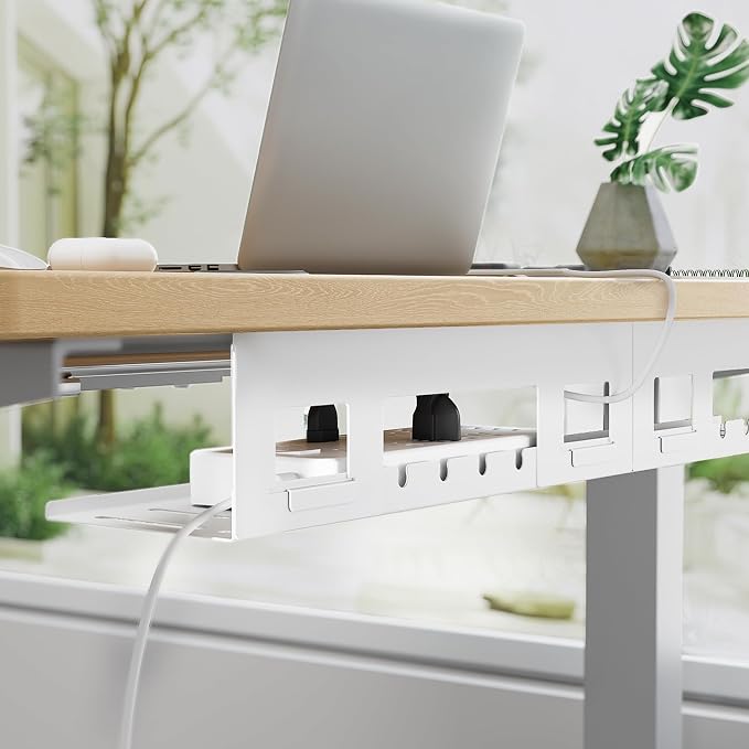 Under Desk Cable Management Tray, 31.5'' Screw-Mount Steel Rack | Metal Cord Organizer for Power Strips, Chargers, Reversible Installation, Effortless Wire Management for Home Office, White