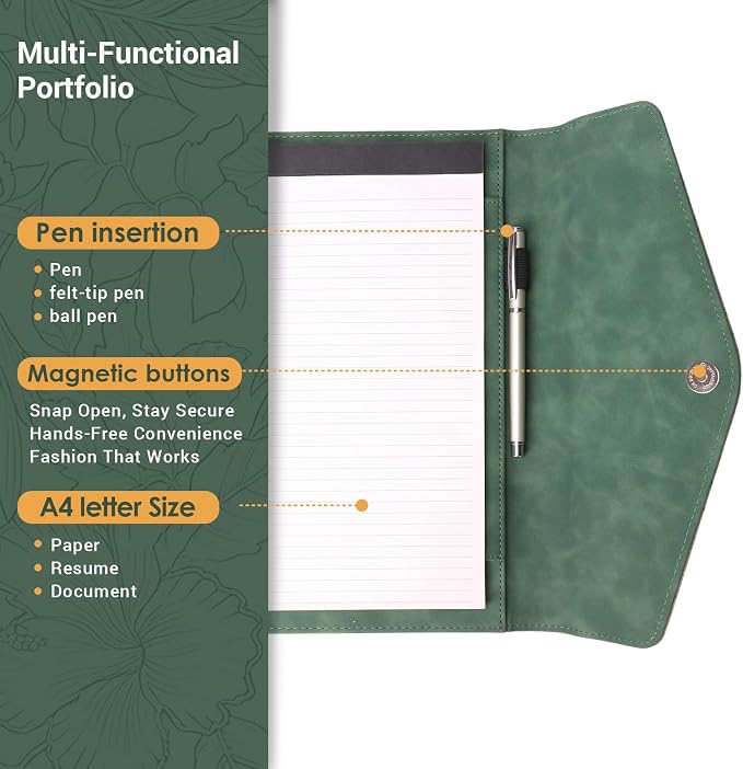 Embossed Professional Trifold Padfolio with Magnetic Closure – A4 Letter Portfolio Organizer for Business Meetings, Interviews & Presentations, Document Folder with Notepad Holder (Green)