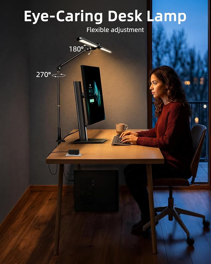 LED Desk Lamp for Home Office, Sensor Switch, 270° Rotatable & Extendable Aluminum Alloy Arm Desk Light, 24W Dimmable 3 Color Modes Eye-Caring Dual Lamp Head Monitor Reading Study Task