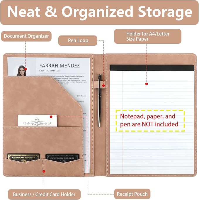 Professional Padfolio Portfolio Binder, Textured Embossing Faux Leather Folder Organizer for Letter Size Legal Pad Notepad Resume, Card Holder for Women Men Business Office Conference (Beige)
