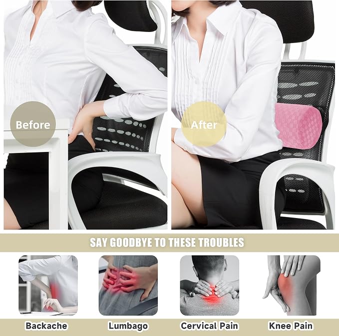 Lumbar Roll Pillow for Lower Back Support, Foam Cushion,Pink, 15 * 4.3'' | Removable Pillowcase, Upgraded Adjustable Strap, Suitable for Office, Chair, Car, Seat Pain Relief & Improving Posture