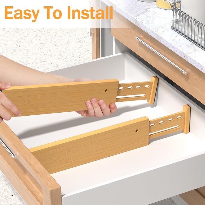 Bamboo Drawer Dividers, 4" High Drawer Organizers for Clothes/Utensils | 12.8-18" Expandable Wooden Drawer Separators for Dresser, Kitchen, Bathroom, Nursery, Office Organization & Storage, 4 Pack