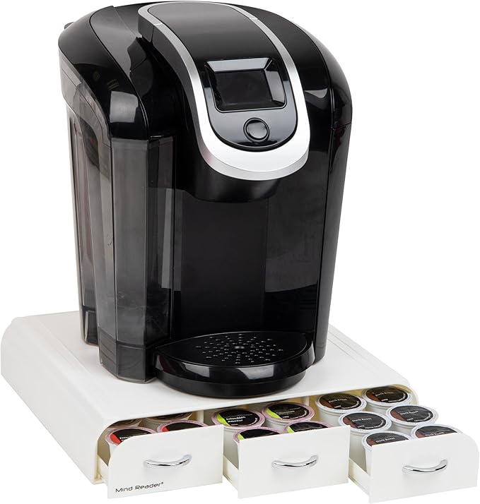 Mind Reader Single Serve Coffee Pod Organizer with 3 Drawers, 36 Pod Capacity, Countertop, 12.25"L x 13.5"W x 2.5"H, White (Pack of 8)