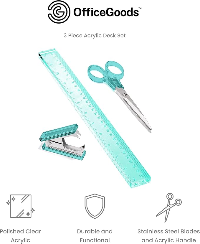 3-Piece Acrylic Desk Set, Green with Silver Metal | Ruler, scissors, and staple remover set, Functional and elegant desk accessories, Stationery tools for office, and school
