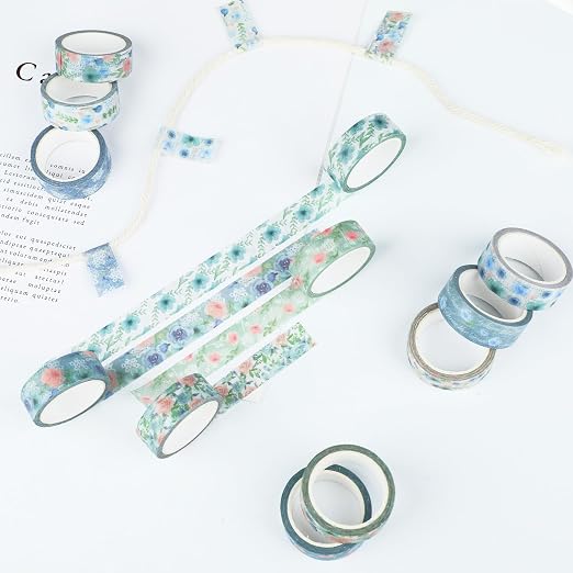 12 Rolls Floral Washi Tape, Blue Rose Flower Masking Tape, Spring Vintage Blue Pink Floral Decorative Tapes for DIY Craft Scrapbooking Journals Planners Gift Wrapping Birthday Party Decor 16.4FT