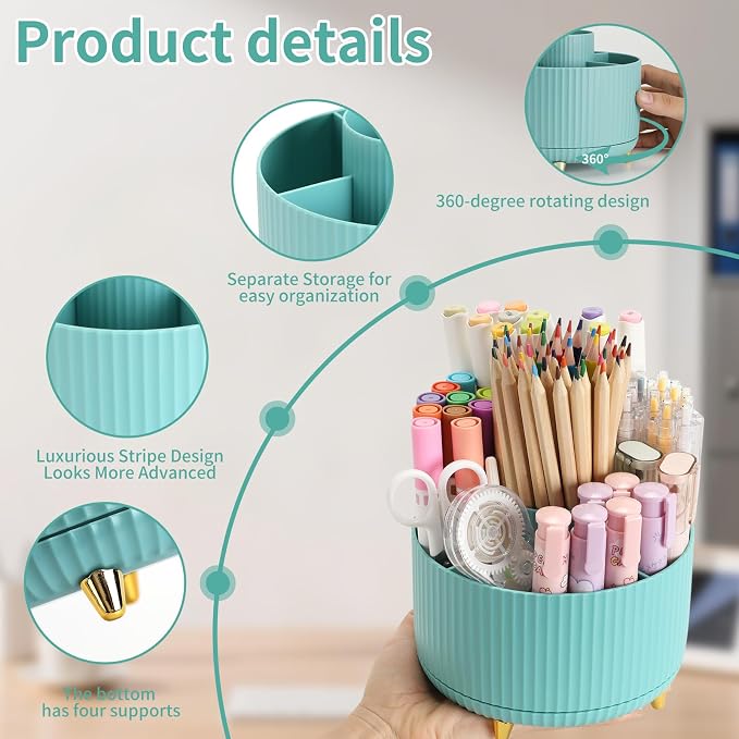Camelmother 360°Rotating Pen&Pencil Holder For Desk With 5Slots Cute Office | Spacious Beautiful & Durable For Teachers Students Workers Easy Storage for Pens Stationery