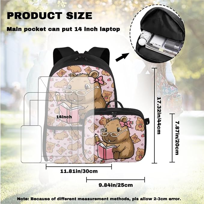 Doojoayie Strawberry Capybara 3rd Grade Backpack for Girls Casual Kawaii Girls Backpack with Lunch Box 17 inch Lightweight Bookbag with Heavy Duty Zippers for Daily School Needs Book Theme