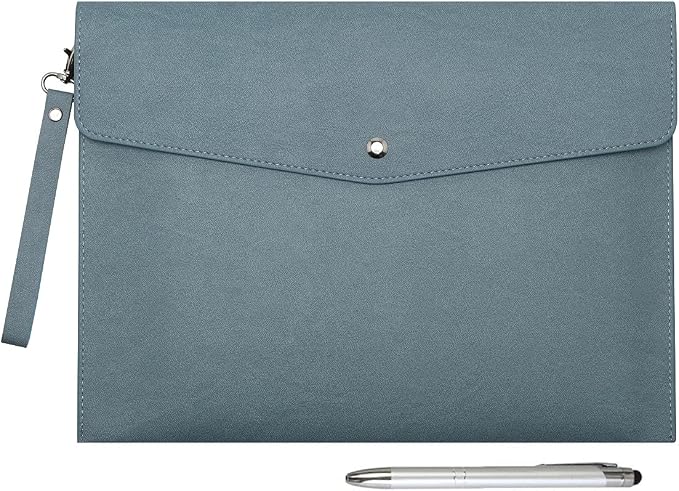 Wonderpool A4 PU Leather Envelope Documents File Portfolio Large Capacity Folders Travel Bag for Paper Letter Stationery Organizer and Tablet Case PC Sleeve (Light Blue)