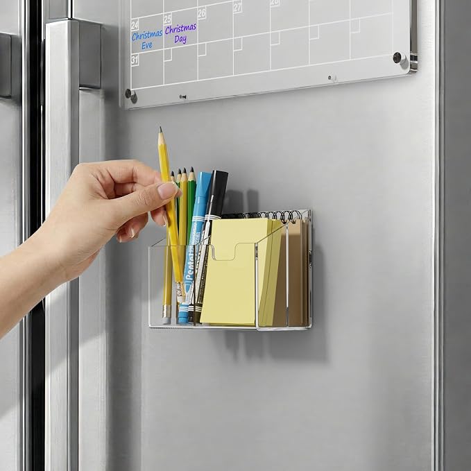 AITEE Magnetic Pen Holder for Refrigerator, Whiteboard & Locker (Small) | acrylic, 3-magnet organizer, non-slip pads, holds markers, pens, scissors, notes, accessory for office, classroom, kitchen