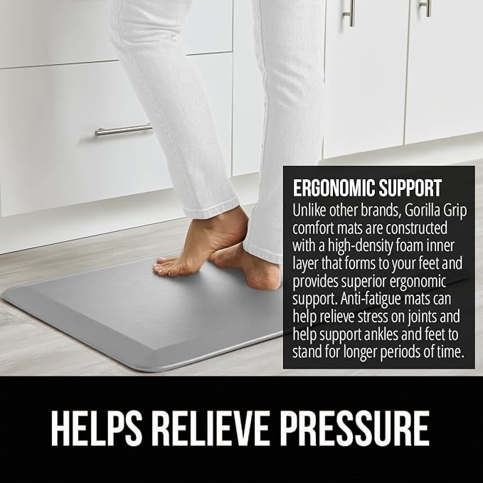 GORILLA GRIP Comfortable Cushioned Kitchen Mats for Floor, 48x20, Waterproof and Stain Resistant Soft Top, 3/4 Inch Thick Ergonomic Standing Desk Anti Fatigue Mat, Foam Supports Feet, Silver