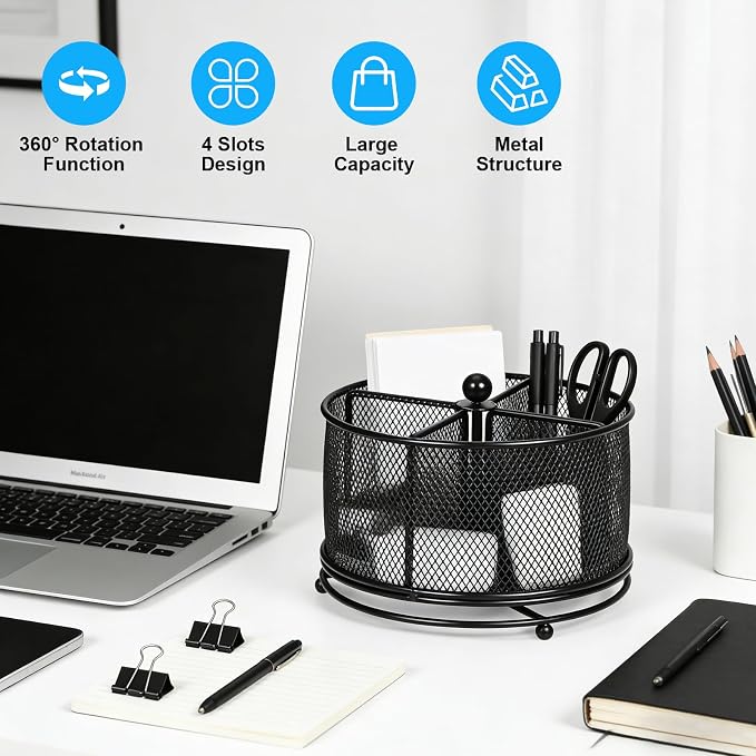 Rotating Pencil Holder for desk,Desk Pen Organizer | 360-Degree Rotating Pen Holder,Mesh Pen Holder for desk,4 Compartments,for Art Supplies/Marker /Desk Organizer