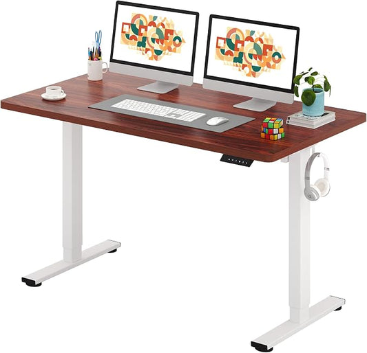SANODESK One-Piece Electric Standing Desk, Seamless 55 x 28'' Ergonomic Height Adjustable Sit Stand Desk with Memory Presets for Home Office Computer Workstation, White Frame/Mahogany Top