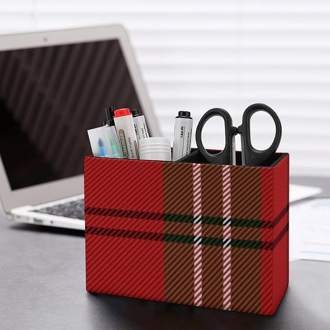Red Green Tartan Plaid Pattern Scottish Cage PU Leather Pen Holder Desk Organizer, 2-Compartment Pencil Container for Office, Home, Vanity Use