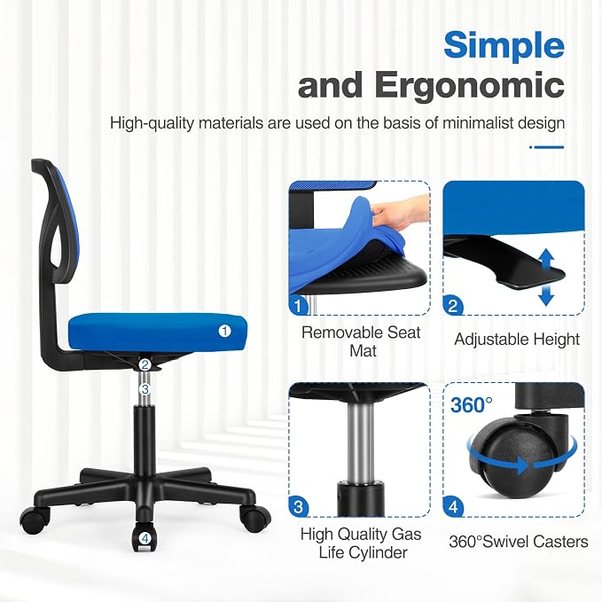 Sweetcrispy Office Chair, Ergonomic Low-Back Mesh Rolling Work Swivel Chairs with Wheels, Armless Comfortable Seat Lumbar Support for Home, Bedroom, Study, Student, Adults,Classic Blue
