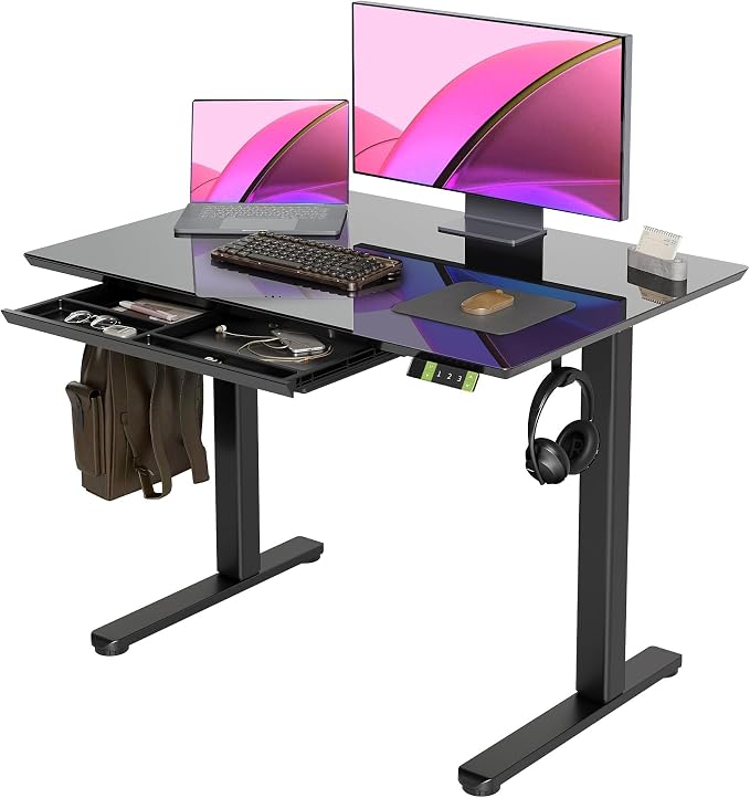 INNOVAR 40×24 Inch Black Glass Standing Desk with Drawers | Tempered Glass Top, Ergonomic, Adjustable Height, Stand Up Desk,4 Memory Presets