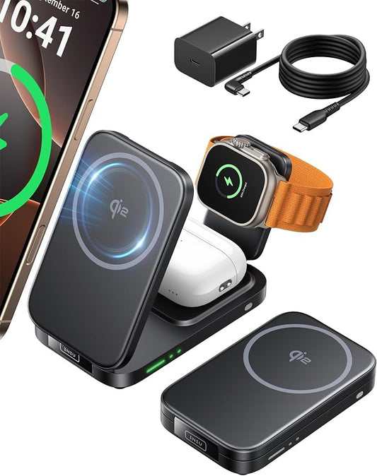 INIU 3 in 1 Foldable Wireless Charging Station, Original Qi2 Certified 15W Fast Mag-Safe Charger Stand for iPhone 17 16 15 14 13 12, Apple Watch, AirPods, Ideal for Travel Office Desk Accessories