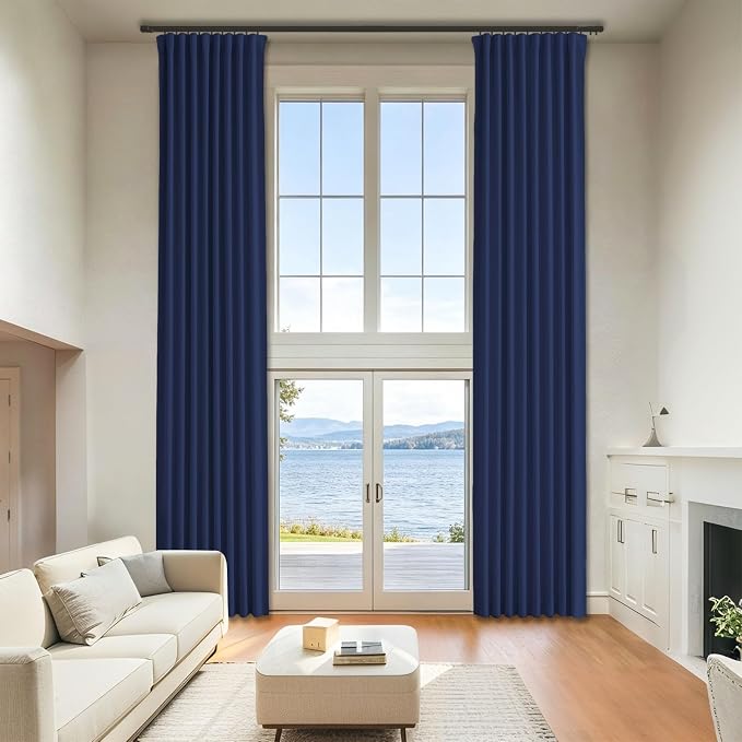 Blackout Large Window Wide Curtains - Curtains for Dining Room Back Tab and Rod Pocket - Navy Ceiling Pinch Pleated Curtain & Drapes for Bedroom Living Room 52 x 108 Inch Length 2 Panels