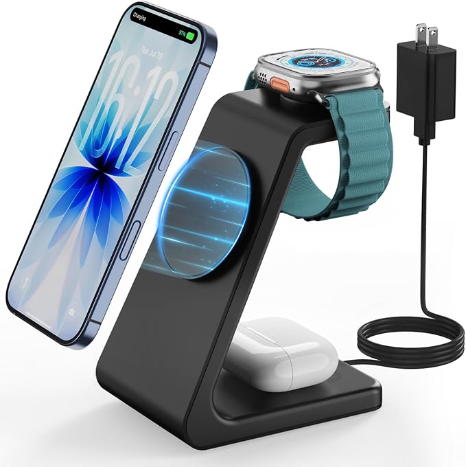 Magsafe Wireless Charging Station for iPhone: 3 in 1 15W Magnetic Portable Desktop Charging Station for iPhone17/16/15/14/13/12 Series, Apple Watch, AirPods 4/3/2/Pro