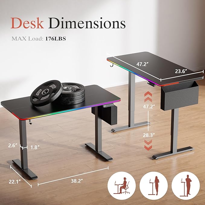Electric Standing Desk, 48x24" Adjustable Height Computer Desk, with 3 Memory Presets, RGB Lights, Overheating&Overvoltage Protection, for Home Work, Study and Gaming, Small Spaces, Modern Furniture