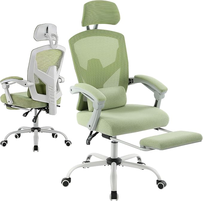 Home Office Desk Chair, Comfortable Mesh Chair with Foot Rest, Light Green | Reclining Gaming Chair with Headrest and Lumbar Support, 90°-130° Reclining, Silent Swivel