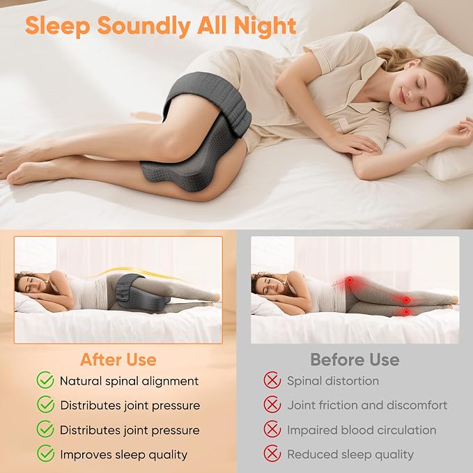 Knee Pillow for Side Sleepers, Leg Pillow for Side Sleeping, Sciatica Pain Relief, Hip with Ergonomic Memory Foam – Large Grey Cushion for Thigh, Knee, Back & Leg Support