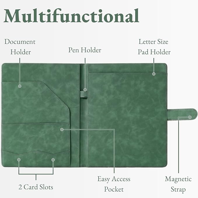 Mymazn Padfolio Portfolio Binder, Faux Leather Interview Resume Folder with Document Organizer & Business Card Holder, Letter-Sized Notepad Legal Pad Holder for Women Men (Green)