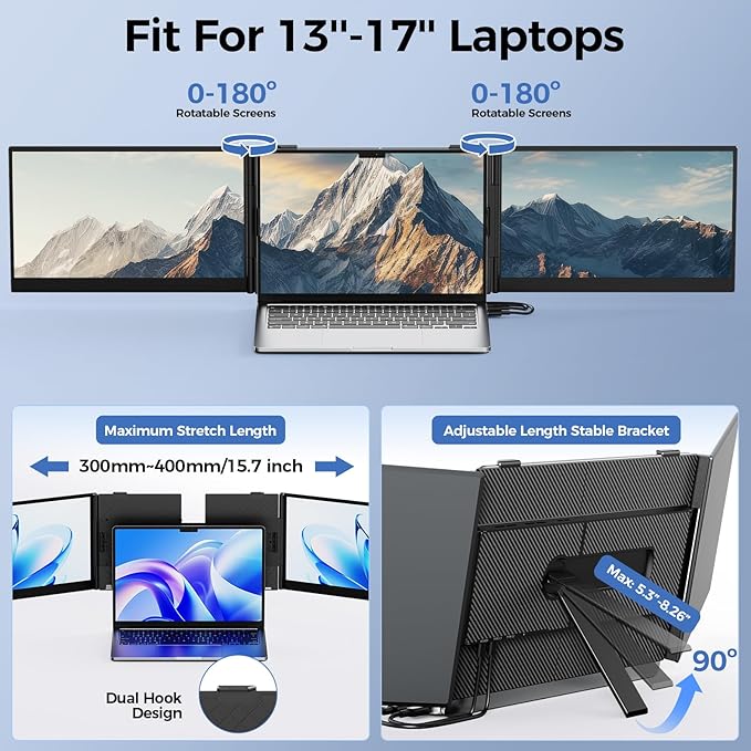 Laptop Screen Extender, 14" Ultra Thin Lightweight(2.2lb) FHD 1080P Triple Portable Monitor for Laptops 13-17.3", Plug-Play Aluminum Dual Monitor Extended for Mac/Windows, Business/Travel/Home/Office