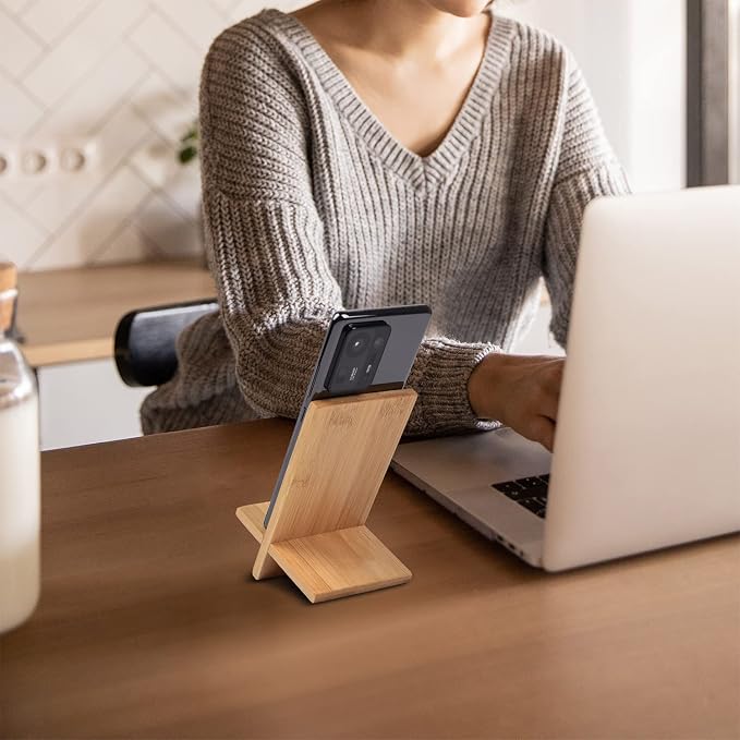Mobile Stand Japanese Style Cellphone Holder Desktop Organizer Charging Station Compatible with All Smartphones Tablets Natural Bamboo Wood Portable Adjustable Angle (Plain-Hole)