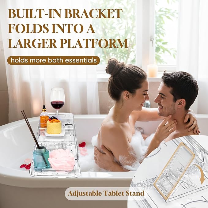 Expandable Clear Acrylic Bathtub Tray Caddy, Foldable Tub Bath Tray with Drain Slots, Slip-Resistant Waterproof Bathroom Shelf Caddy & Home Spa Gift for Women