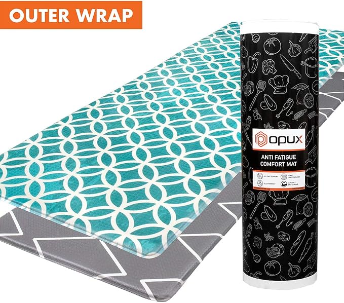 OPUX Anti Fatigue Kitchen Floor Mat, Reversible Cushioned Memory Foam Kitchen Rug Pad, Waterproof Non-Slip Padded Comfort Standing Mat Office Laundry Home, 47x17 (Geometric Teal Gray)