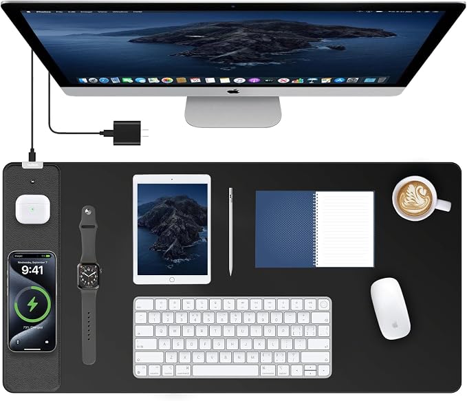TopMade Mouse Pad with 15W Fast Wireless Charging, 31.5"x15.75" XXL Large Gaming Mousepad, Waterproof Desk Pad, Computer Desk Mat, Black(Includes 20W PD Power Adapter & 6.56ft Woven Cable)