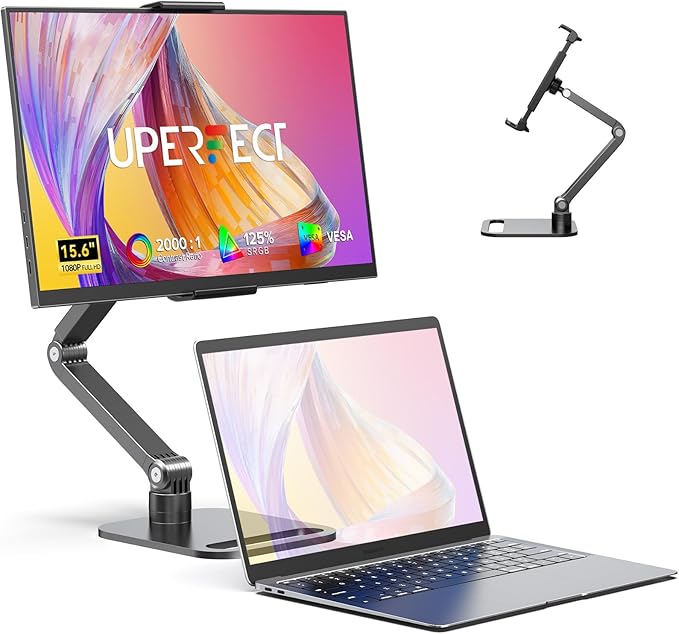 UPERFCET Portable Monitor, 15.6" 1080P 125% sRGB 2000:1 Contrast Ultra-Slim Laptop Monitor with Stand VESA USB-C Mini HDMI, Travel Second Screen for Computer, Phone, Mini PC, Game Consoles