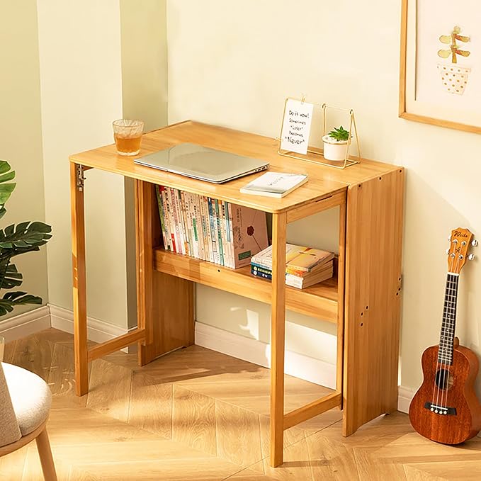 Folding Desk for Small Space, Computer Desk with Bookshelf Multifunctional Bamboo Rectangular Dining Table Work Desk, Writing Desk for Student Office, 40.5" W x 29.9" H (Wood Color)