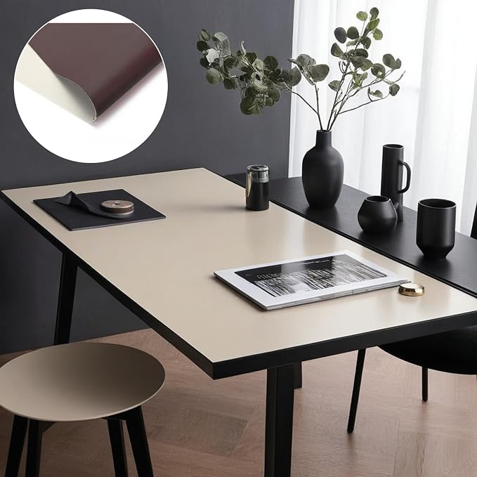 Leather Table Cover,1.8mm Thick,24x48 Inch,Table Protectors for Rectangle,Waterproof Desk Pad, Scratch - Resistant Craft Mat for Dining Table, Office Desk and Art Station (Beige+Dark Brown)