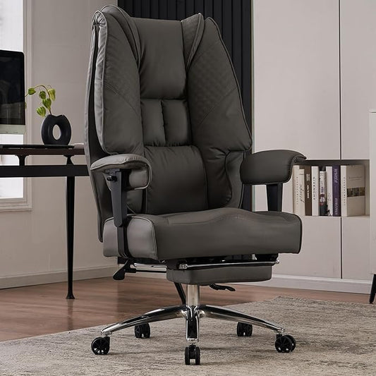 Big and Tall Office Chair 400lbs Wide Seat, Leather High Back Executive Office Chair with Foot Rest, Ergonomic Chairs Lumbar Support for Lower Back Pain Relief (Grey)