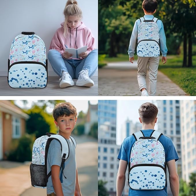 Sharks Backpack for Boys Girls Primary Middle School Bookbags Kid 3 Piece Set Back to School Supplies Kids Schoolbags with Lunch Bag and Pencil Box