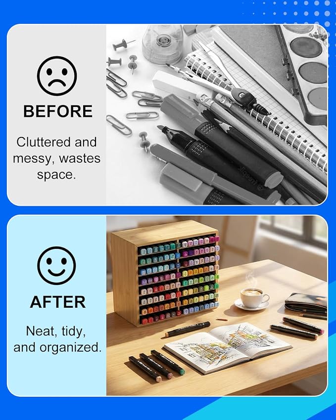 UCEC 126 Compact Bamboo Marker Holder with 18 Slots for Office Home | Space-Saving Desk Stationery Storage Sorter, Colored Pencils Gel Pens, Aesthetic Office Supplies Organizer for Pencils