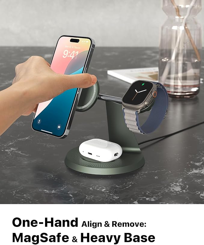 ZECHIN 3 in 1 Wireless Charging Station for Apple Devices with MagSafe | Charging for iPhone 17/Air/16/15/14/13, AirPods, Apple Watch, Weighted Stable Charging Stand, USB-C Adapter Included