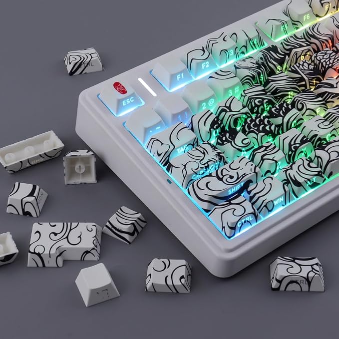 Tsungup PBT Keycaps,138 Keys Custom Cool Dragon Pattern Side Print Keycaps,Cherry Profile Key Caps Keyboard Keycap Set for 60% 65% 75% 80% 100% MX Switches Mechanical Keyboard(White)