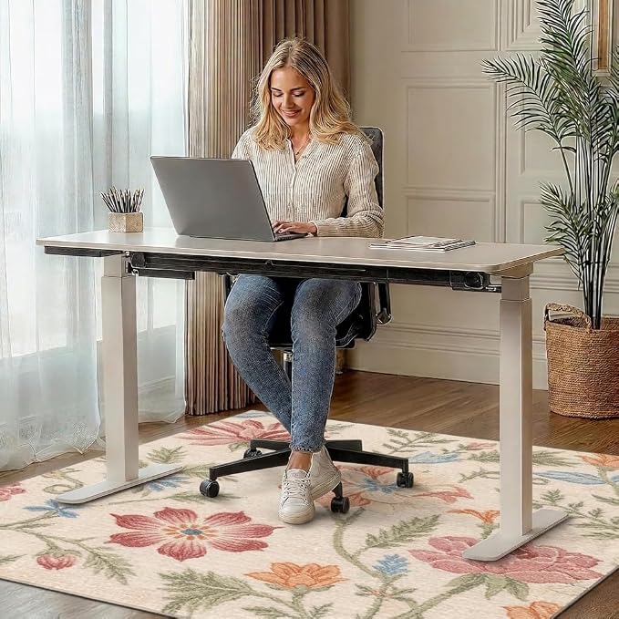 36"x48" Office Chair Mat for Hardwood Tile Floor, Under Desk Carpet Protector for Rolling Computer Chair Mat, Machine Washable Area Rug, Anti-Slip 1/5" Thick Low Pile Thin Vinyl Floor Mat, Blush Cream