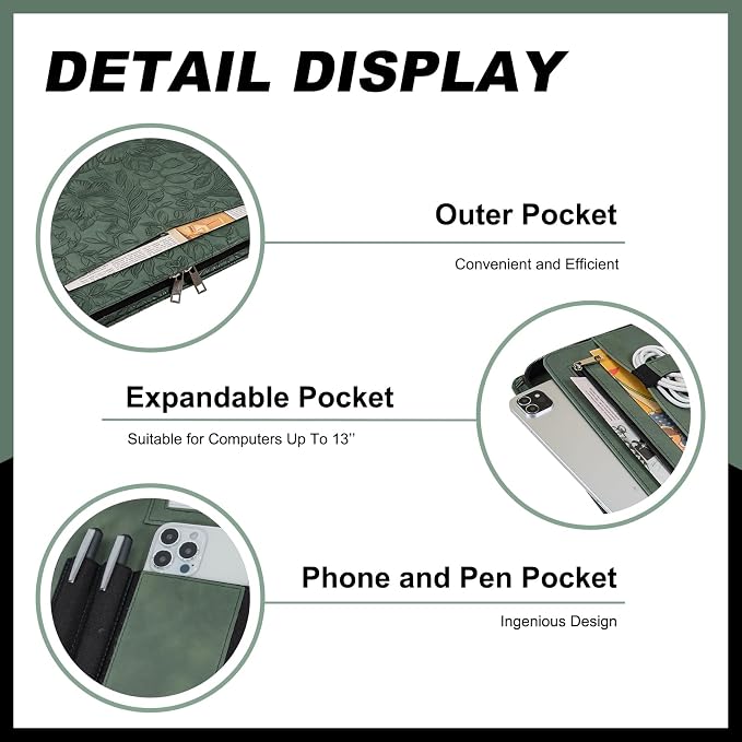 Calfinder Vegan Leather Portfolio with Zipper, Professional Business Padfolio with A4 Writing Pad Holder, Green Christmas Gifts, Resume Folder for Men and Women (Dark Green, Customized)